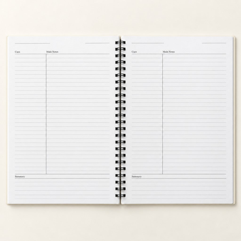 Cornell Notebook interior — Cue, Main Notes, and Summary